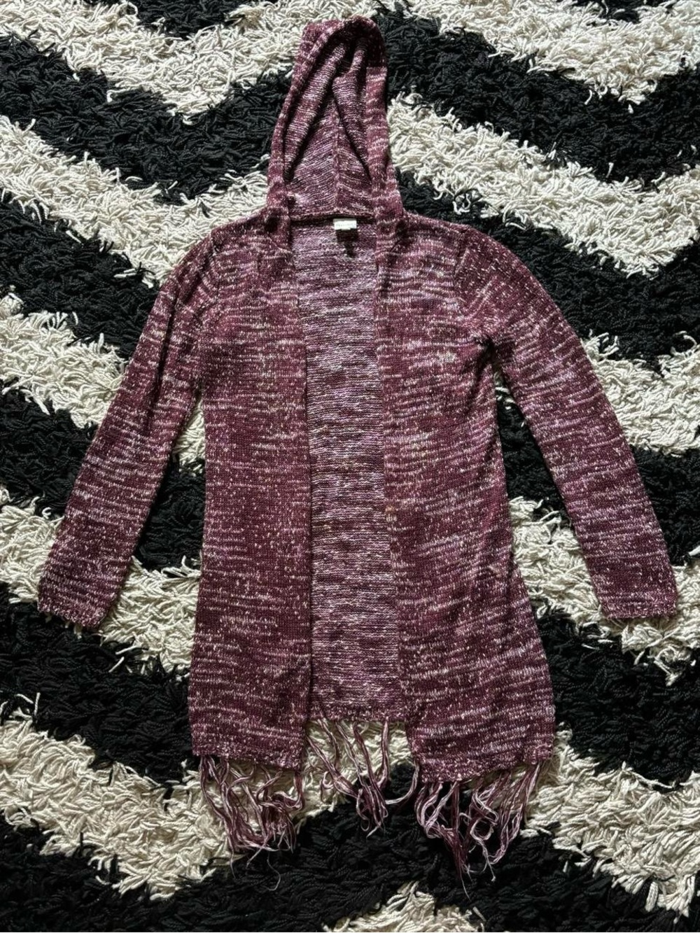 Mudd Burgundy Knit Y2K Hooded Long Sleeve Fringe Open Cardigan Junior’s 10